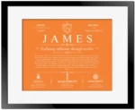James surname meaning and origin in Orange with Black Matte Frame