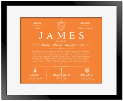 James surname meaning and origin in Orange with Black Matte Frame