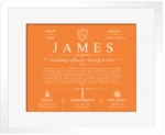 James surname meaning and origin in Orange with White Matte Frame James surname meaning and origin in Orange with White Matte Frame