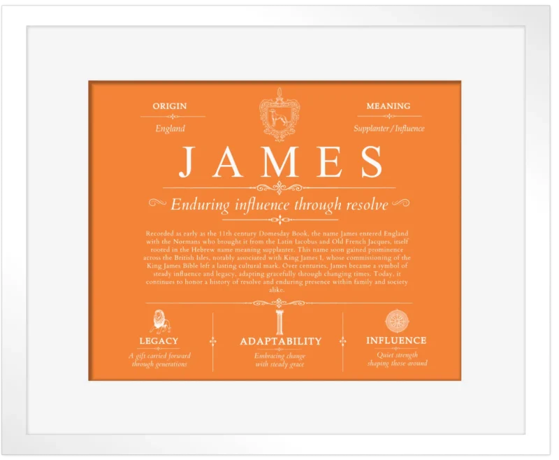James surname meaning and origin in Orange with White Matte Frame