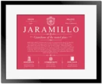 Jaramillo surname history and family heritage in Red with Black Matte Frame