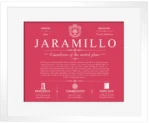 Jaramillo surname history and family heritage in Red with White Matte Frame Jaramillo surname history and family heritage in Red with White Matte Frame