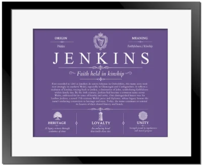 Jenkins surname meaning and heritage in Purple with Black Matte Frame