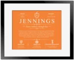 Jennings last name history and origin in Orange with Black Matte Frame