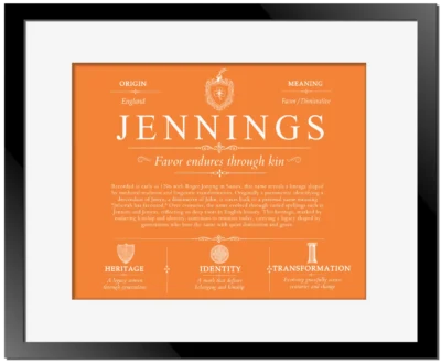 Jennings last name history and origin in Orange with Black Matte Frame