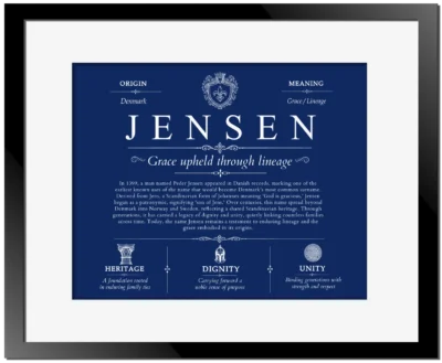 Jensen last name origin and heritage in Deep Blue with Black Matte Frame