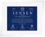 Jensen last name origin and heritage in Deep Blue with White Matte Frame Jensen last name origin and heritage in Deep Blue with White Matte Frame