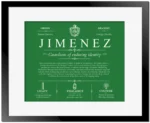 Jimenez personalized surname meaning in Dark Green with Black Matte Frame