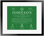 Johnson surname history and heritage in Dark Green with Black Matte Frame