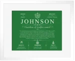 Johnson surname history and heritage in Dark Green with White Matte Frame