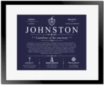Johnston personalized family surname in Navy Blue with Black Matte Frame
