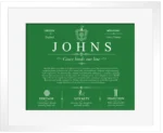 Johns surname meaning and heritage in Dark Green with White Matte Frame