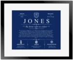 Jones surname origin and history in Deep Blue with Black Matte Frame