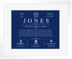 Jones surname origin and history in Deep Blue with White Matte Frame