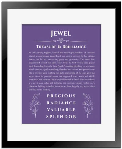 Jewel name history and origin print in purple with black matte frame