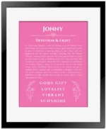 Jonny personalized name origin story in pink with black matte frame