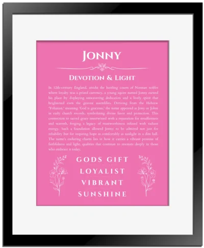 Jonny personalized name origin story in pink with black matte frame