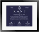 Kane family name heritage in Navy Blue with Black Matte Frame
