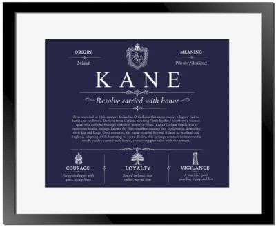 Kane family name heritage in Navy Blue with Black Matte Frame