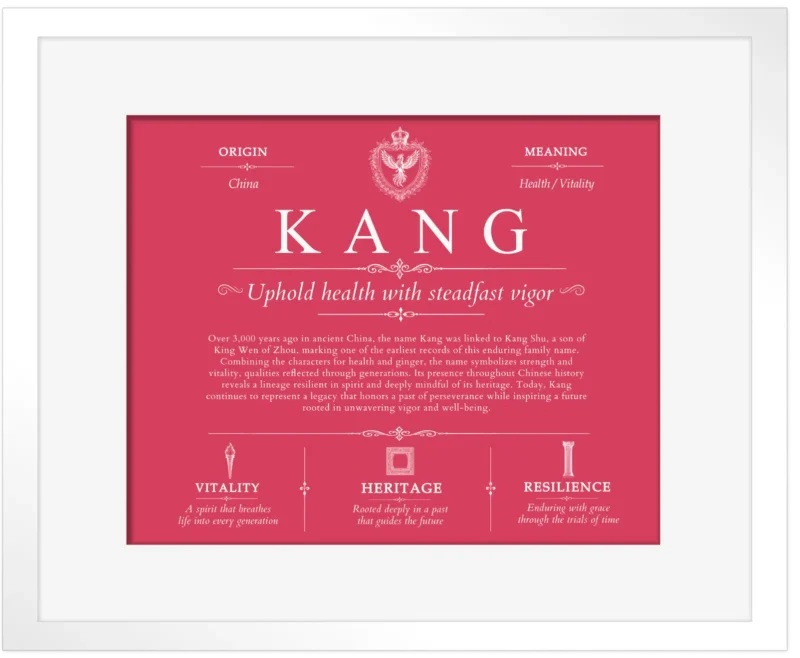 Kang family name history in Red with White Matte Frame