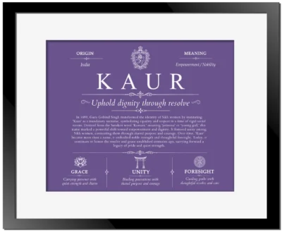 Kaur surname heritage and history in Purple with Black Matte Frame