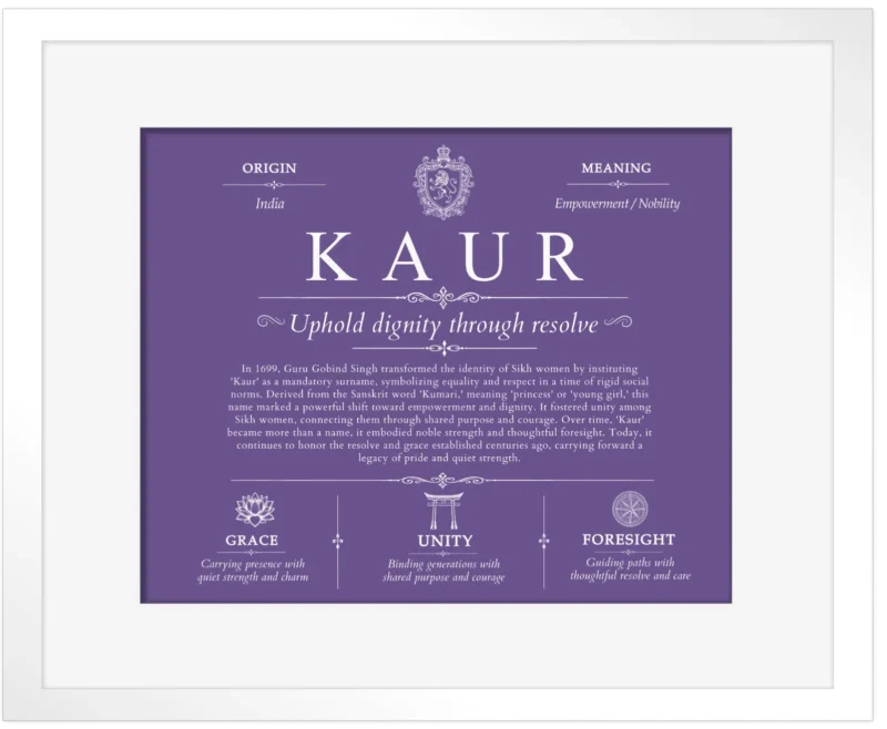 Kaur surname heritage and history in Purple with White Matte Frame