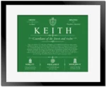 Keith surname history and family heritage in Dark Green with Black Matte Frame