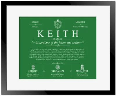Keith surname history and family heritage in Dark Green with Black Matte Frame