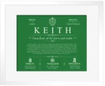 Keith surname history and family heritage in Dark Green with White Matte Frame