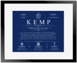 Kemp surname heritage and history in Deep Blue with Black Matte Frame