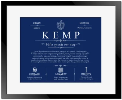 Kemp surname heritage and history in Deep Blue with Black Matte Frame