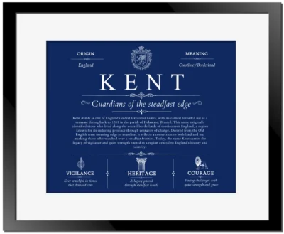 Kent last name origin and heritage in Deep Blue with Black Matte Frame