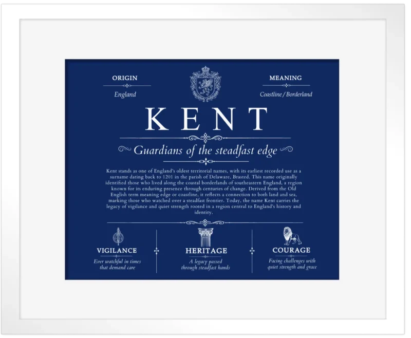 Kent last name origin and heritage in Deep Blue with White Matte Frame
