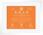 Khan surname origin and history in Orange with White Matte Frame Khan surname origin and history in Orange with White Matte Frame
