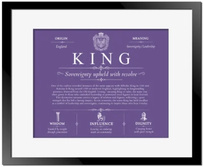 King surname history and family heritage in Purple with Black Matte Frame