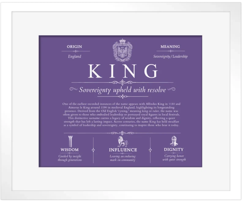 King surname history and family heritage in Purple with White Matte Frame