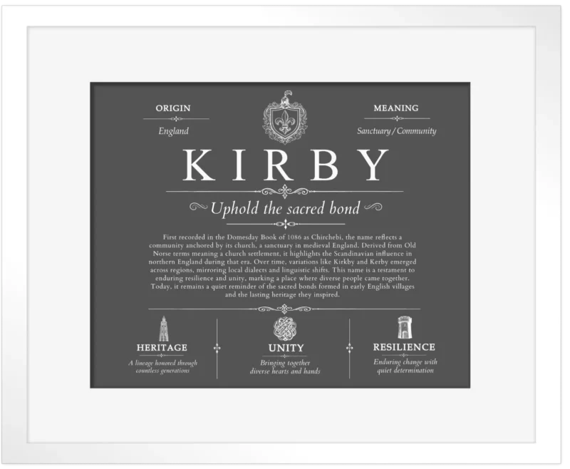 Kirby last name meaning and origin in Gray with White Matte Frame