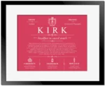 Kirk surname history and family heritage in Red with Black Matte Frame