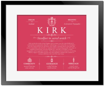 Kirk surname history and family heritage in Red with Black Matte Frame