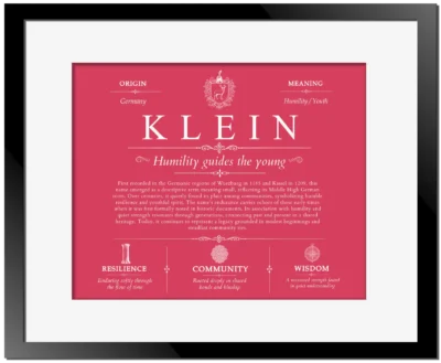 Klein surname meaning origin and heritage in Red with Black Matte Frame