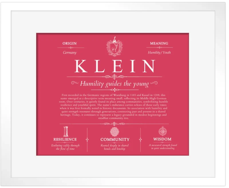 Klein surname meaning origin and heritage in Red with White Matte Frame