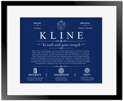 Kline personalized surname meaning in Deep Blue with Black Matte Frame