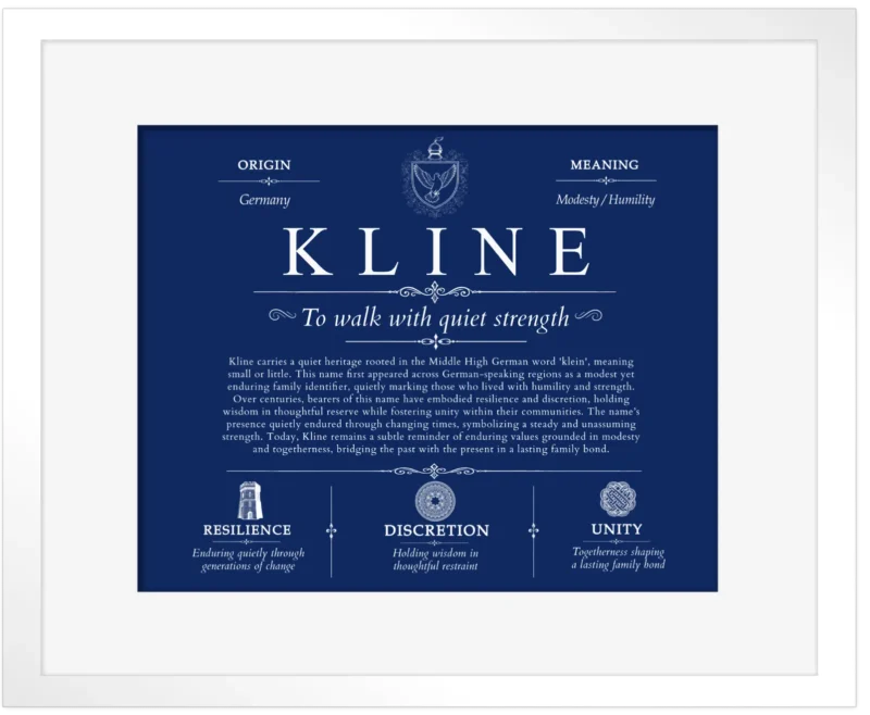 Kline personalized surname meaning in Deep Blue with White Matte Frame
