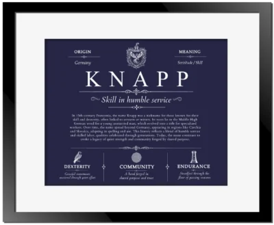 Knapp personalized family surname in Navy Blue with Black Matte Frame