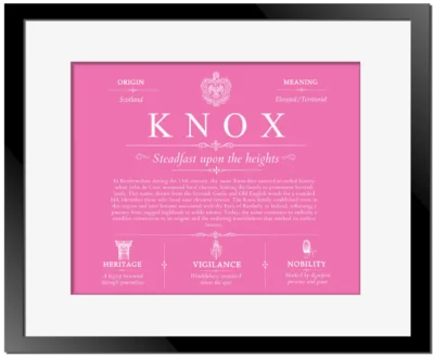 Knox surname heritage and history in Pink with Black Matte Frame