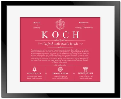 Koch surname origin and history in Red with Black Matte Frame