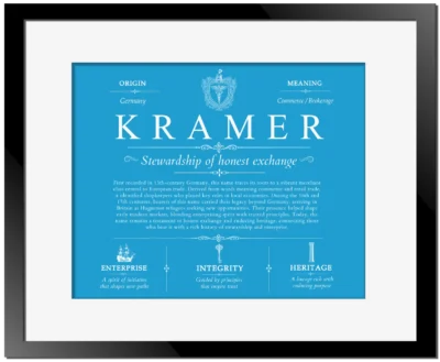 Kramer personalized surname meaning in Blue with Black Matte Frame