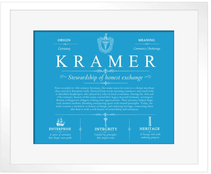 Kramer personalized surname meaning in Blue with White Matte Frame