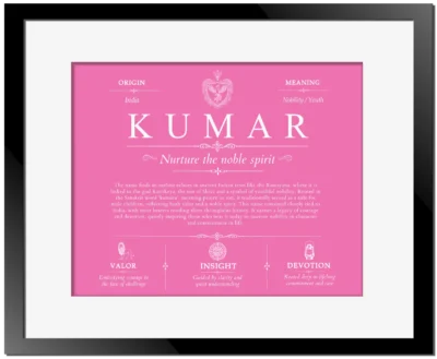 Kumar family name origin and history in Pink with Black Matte Frame