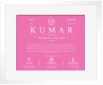 Kumar family name origin and history in Pink with White Matte Frame